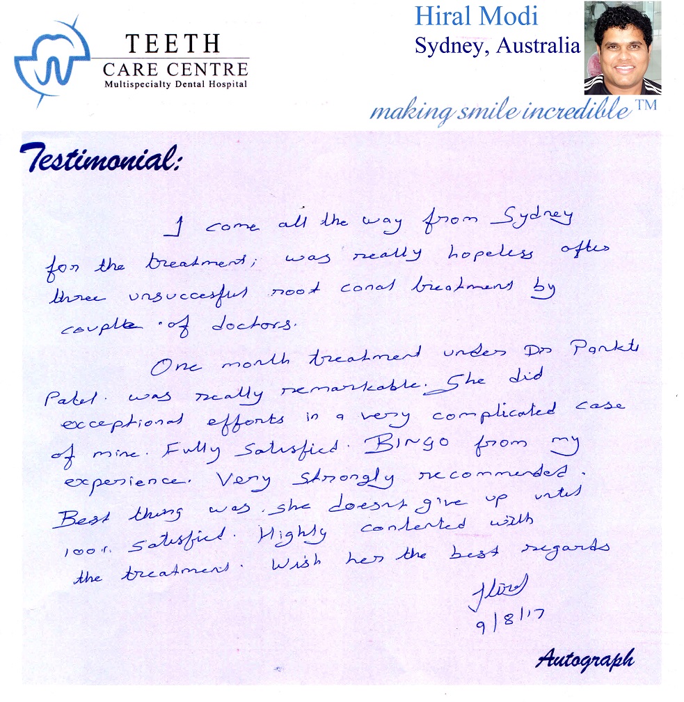 Testimonial ahmedabad teeth care centre review patient satisfaction - root canal treatment