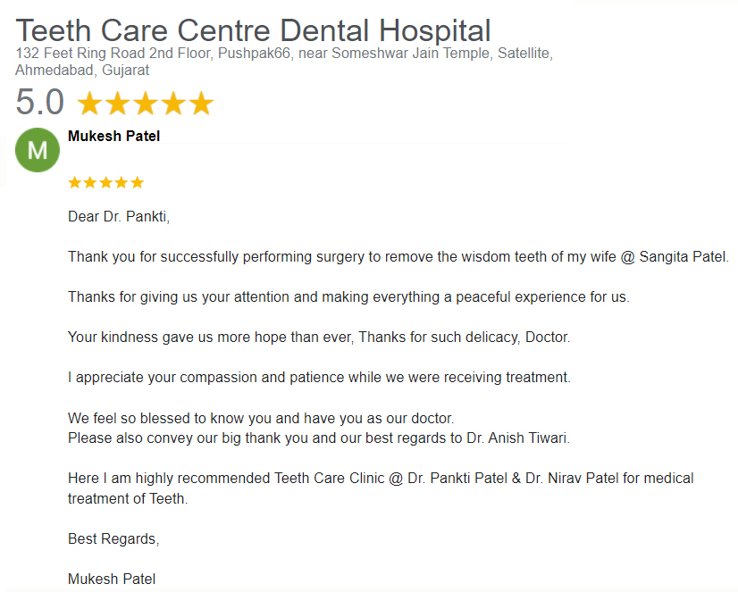 pain less tooth extraction removal oral surgeon dentist dental clinic satellite ahmedabad teeth care centre patient review testimonial